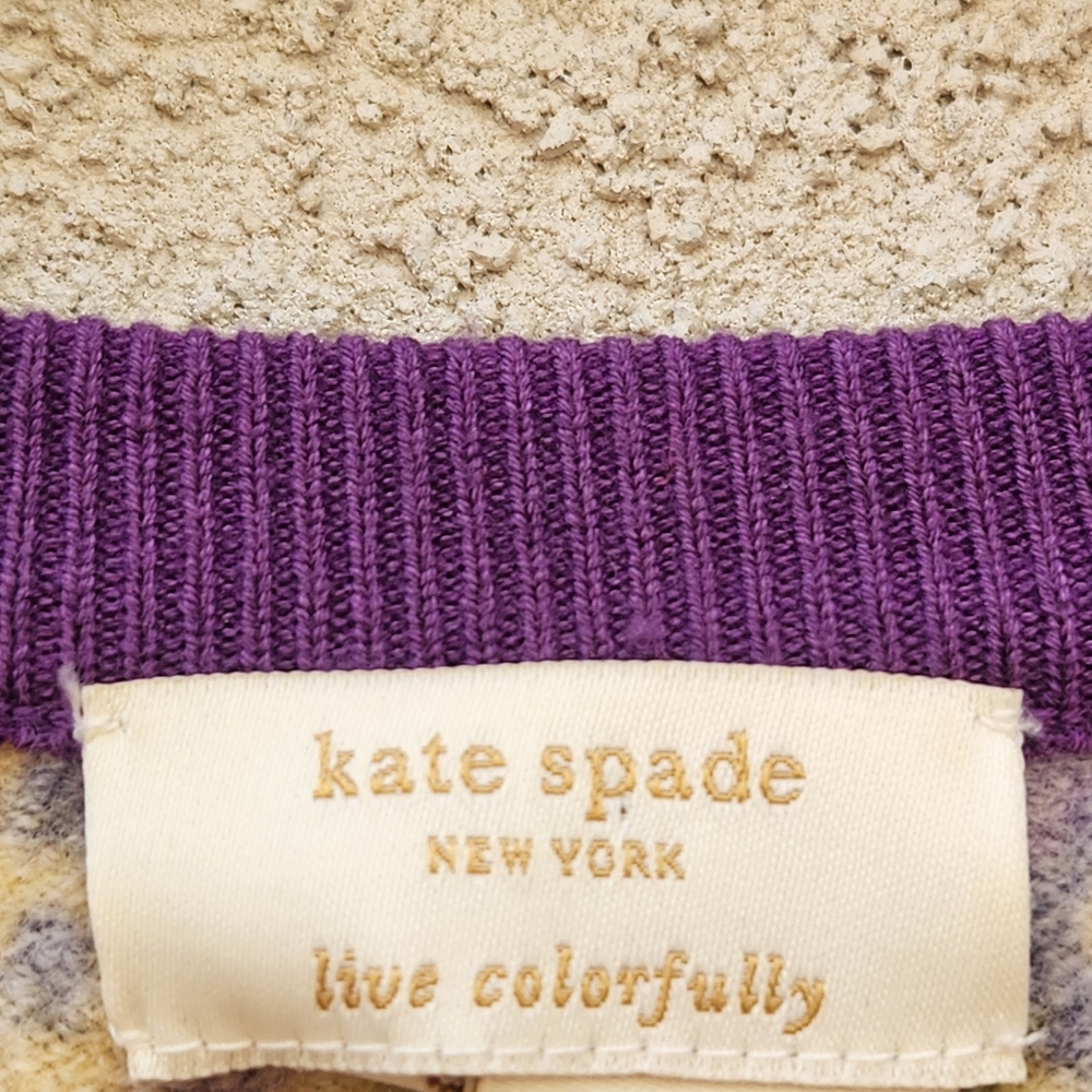 KATE SPADE Women's Cardigan Large Purple Yellow Paisley Wool Silk Blend Sweater - Picture 3 of 10